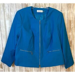 Calvin Klein Women's Blue Collarless Zip Front Cotton Poly Blazer Plus Size 22W‎